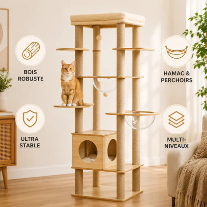 Arbre à chat intérieur bois – Hamac & perchoir - vue 3