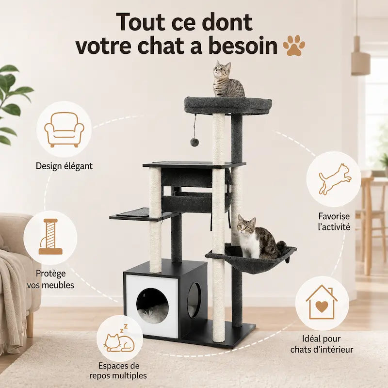 Arbre à chat moderne en bois multi-niveaux – Confort & escalade - vue 4