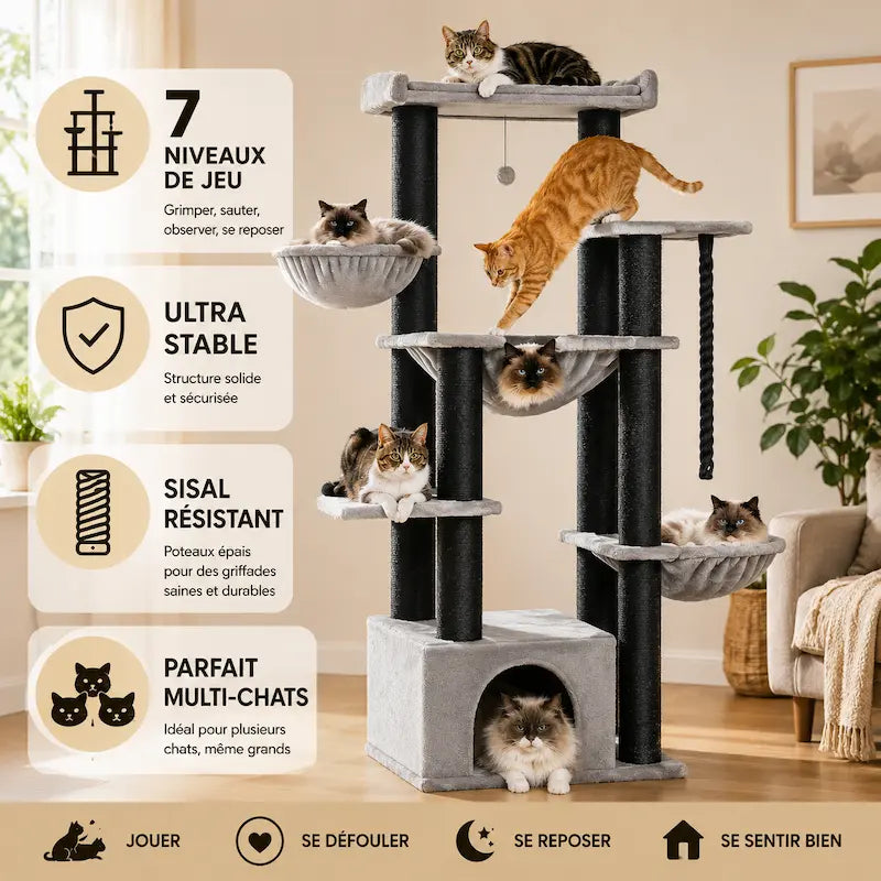 Arbre à chat multi plateforme - 7 niveaux robustes - vue 2