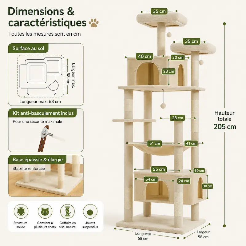 Grand arbre à chat multi-niveaux - Griffoirs sisal & hamac - vue 6